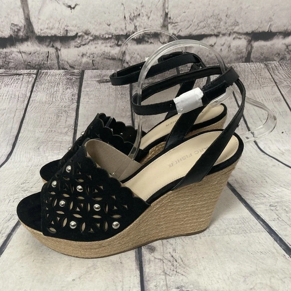 Marc Fisher Shoes Womens‎ Size 10 Black Hata Wedge Sandals Espadrille Studded
